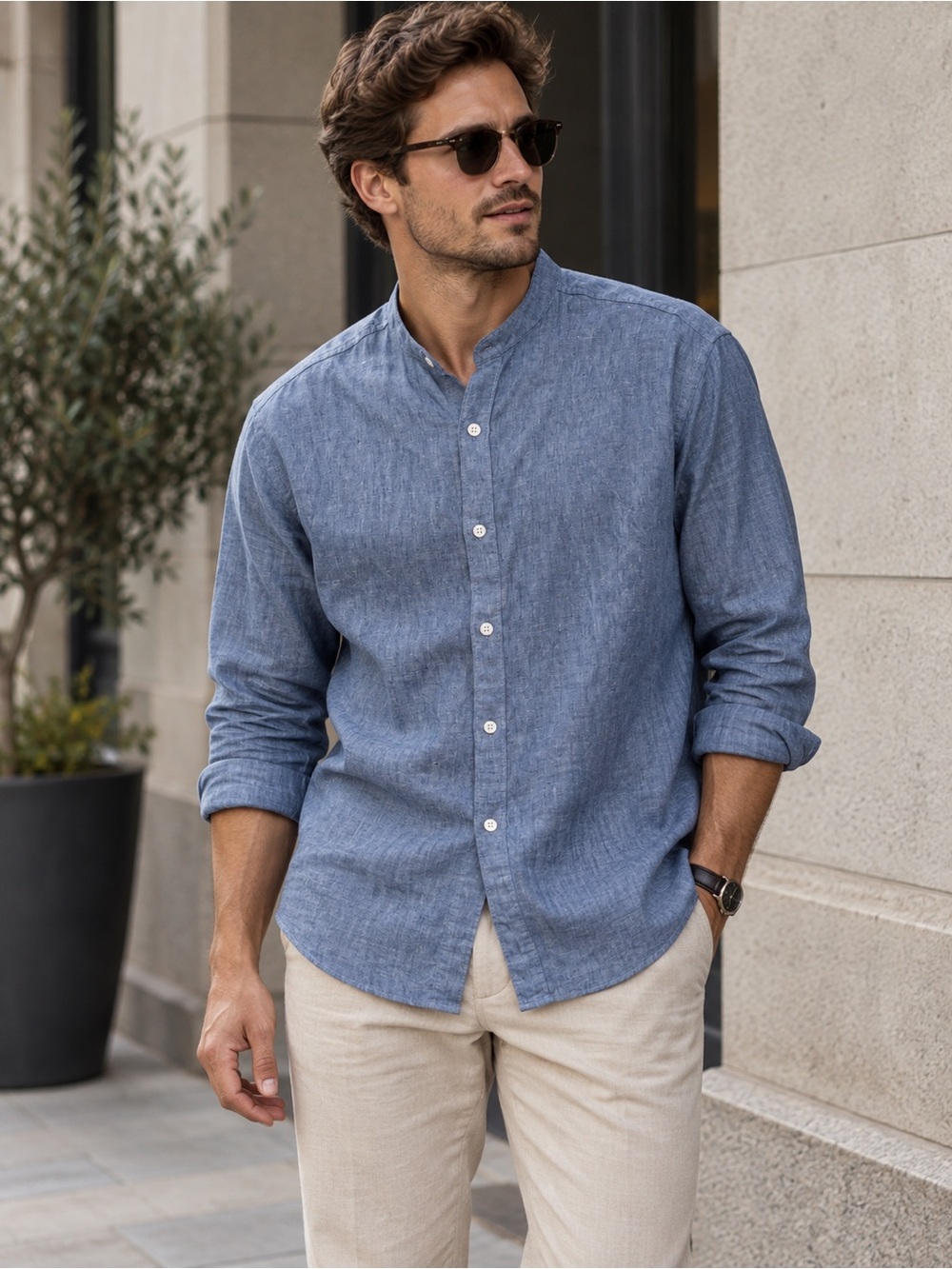 Le 31 by Simons 100% Linen Blue Mandarin Collar Shirt Men’s Small